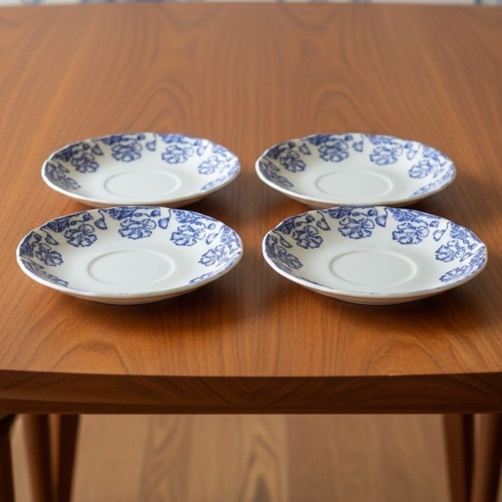 Set Of 4 Vtg. Boch Freres La Louviere 'Douglas'‎ Blue & White Saucers